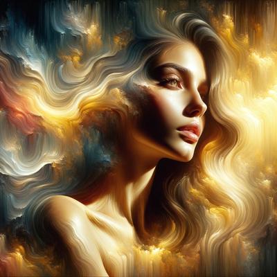 The primary subject of the image is a woman with long, flowing hair. She is the main focus of the image, and her beauty is accentuated by the vibrant colors and artistic style. The setting is a cloudy sky, which serves as a backdrop for the woman's portrait. The visual style of the image is a combination of digital art and illustration, creating a unique and captivating portrait of the woman. The colors and mood of the image are lively and energetic, with